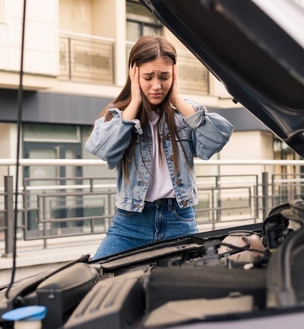 Young worried girl is using a phone to explain the mechanic the problem with a car that she has.